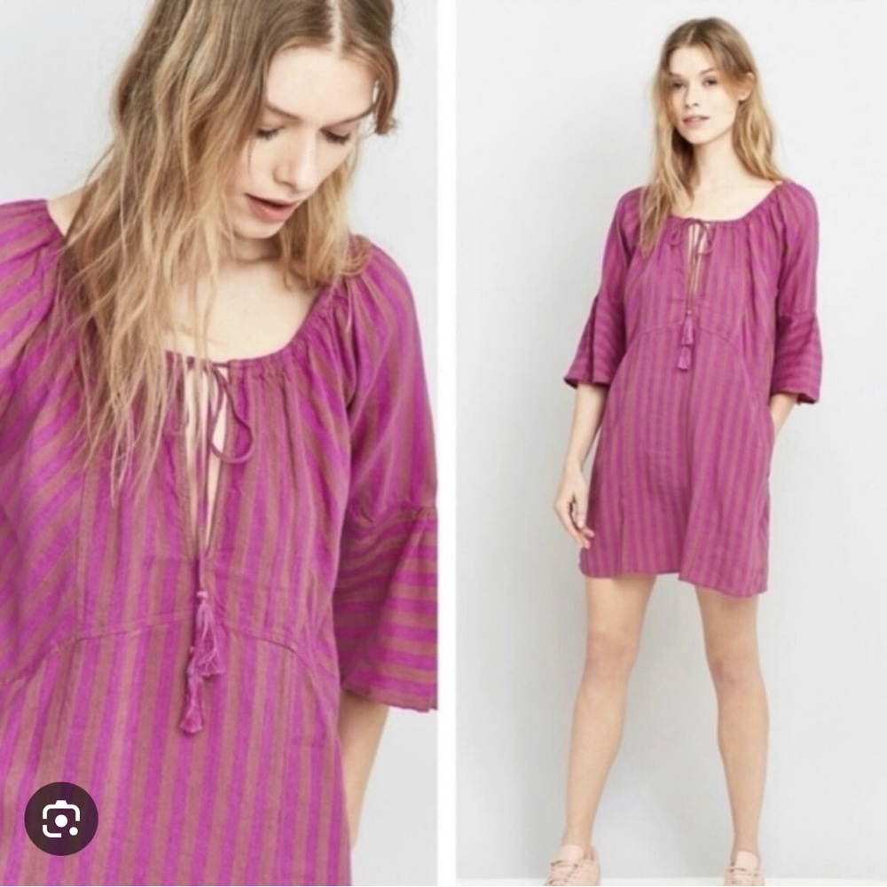 Free People magenta striped  linen Tunic Blouse or mini dress. small .pockets